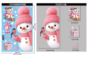 Size guide for Christmas window stickers showing snowman and gift box dimensions