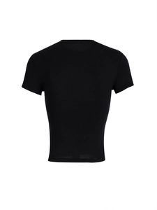 Detailed back view of a slim fit black short sleeve T-shirt with basic crew neck design