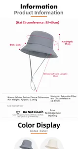Size chart detail of a warm quilted bucket hat with windproof rope and polyester fabric