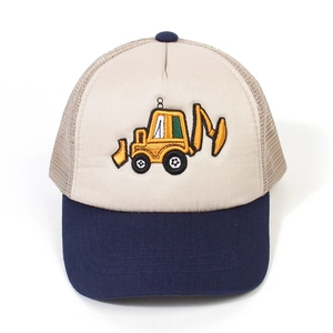 Detailed view of kids trucker hat featuring yellow excavator embroidery and mesh back