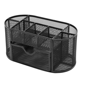 Black 9-compartment wire mesh desk organizer with drawer for office stationary