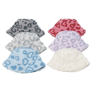 Plush lamb wool bucket hats with heart pattern in six assorted colors for winter warmth