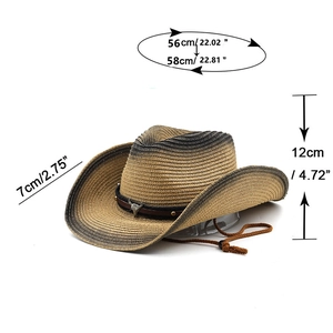 Detail view of woven cowboy straw hat showing dimensions for brim height and head size