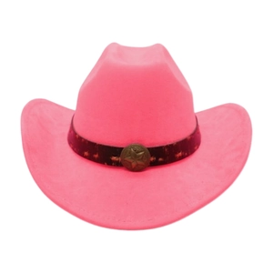 Détail du chapeau de cowboy en daim rose avec ruban marron et emblème d'étoile vintage