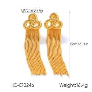 Detail view of 18k gold stainless steel tassel earrings with dimensions and weight info