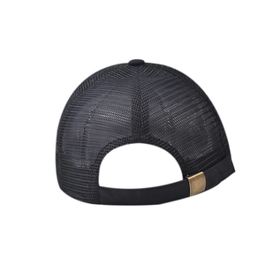 Detail view of black mesh truck cap with adjustable strap and bronze metal slider buckle