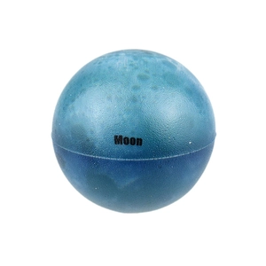 Detail of blue Moon squeeze toy showing realistic crater texture and Moon logo print