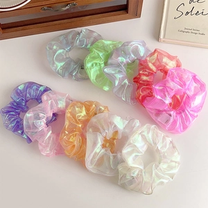 Colorful laser organza scrunchies set with shimmering metallic glow and pastel shades