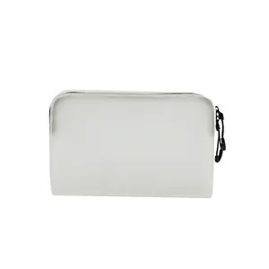 Minimalist white travel storage pouch with black zipper and large capacity for cosmetics