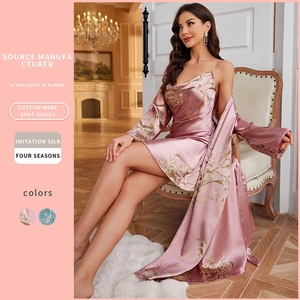 Pink floral satin loungewear set with camisole dress and robe in imitation silk