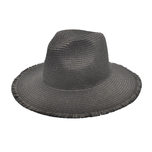 Detail of the high-density black straw weave and frayed edge on the boater sun hat