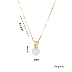 Gold titanium steel necklace with pearl and zircon pendant on white background