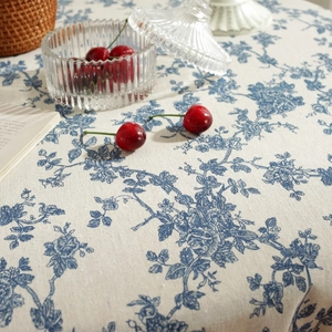 Blue vintage floral cotton linen round tablecloth with elegant still life decor