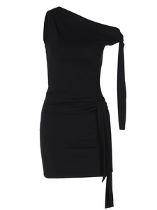 Close-up of black one-shoulder dress with side tie-up detail and slim fit texture