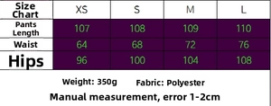 Size chart showing pants length, waist, and hip measurements for wide leg trousers in cm