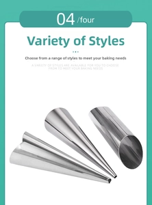 Various shapes of stainless steel cream horn molds including conical and cylindrical tubes