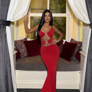 Sexy Red Maxi Dress With Hollow Out Design Rhinestone Star Buckles Halter Sleeveless Bodycon Mermaid Hem For Women