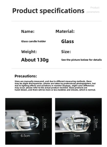 Macro detail of round and heart-shaped glass candle holders with size measurements