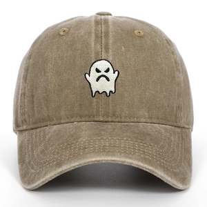 Vintage khaki washed cotton baseball cap with white angry ghost embroidery for outdoor wear