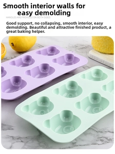 Detailed view of 6-cavity bear silicone cake mold with handles in purple and mint colors