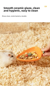 Ceramic carrot shaped hamster food scoop with mixed grains on wood shavings background