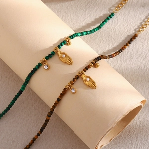 Bohemian 18K gold stainless steel Hamsa hand pendant jewelry with natural stone beads