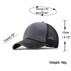 Adjustable washed denim mesh baseball cap with size specs 54-60cm for outdoor sports
