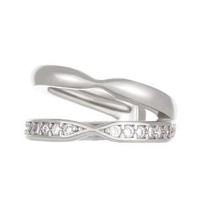 Detail of silver double-layered ear cuff with polished finish and sparkling zircon stones
