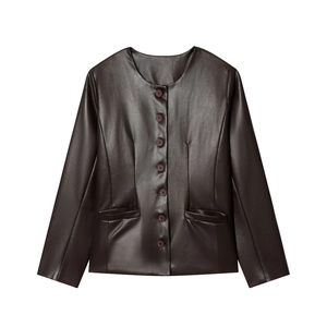 Veste en Similicuir PU Vintage pour Femme Courte Décontractée Col Rond Boutonnée Manteau Marron