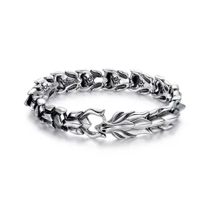 Vintage silver dragon scale punk bracelet with gothic engraved metal chain link design