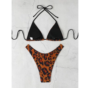 Sexy leopard print triangle bikini set with halter top and high cut tie-side bottoms