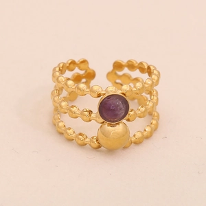 Vintage gold multilayer beaded ring featuring a purple gemstone and open adjustable band