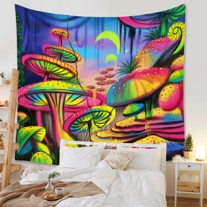 Detail of psychedelic mushroom forest tapestry showing vibrant colors and artistic fabric texture