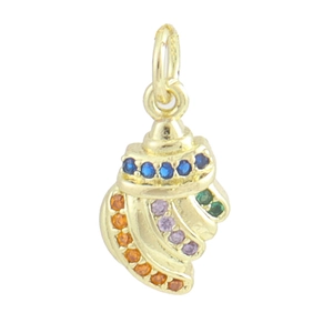 Detailed view of a gold conch pendant with vibrant multi-colored gemstone inlay detail