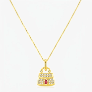 Luxury 925 Sterling Silver Handbag Pendant Necklace For Women Gold Plated With Zircon And Red Stone Fashion Accessory