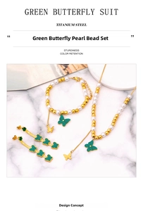 Detail view of titanium steel jewelry set featuring butterfly motifs and malachite green beads