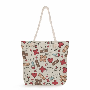 Nurse themed canvas tote bag with stethoscope medical print and thick cotton rope handles