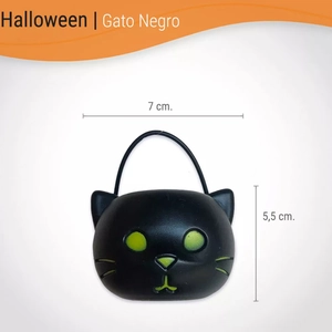 Detail view of a black Halloween cat candy bucket showing dimensions 7 cm x 5.5 cm