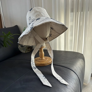 Elegant beige floral embroidery sun hat with long ties and wide brim for women