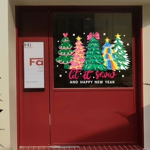 Autocollants de Noël colorés pour fenêtres avec flocons sur porte en verre rouge
