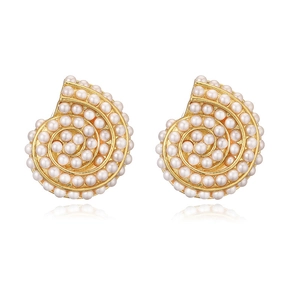 Detail of 18K gold-plated conch earrings featuring elegant white pearls on white background