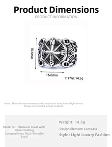 Detailed dimensions of the vintage titanium steel compass ring with silver plating