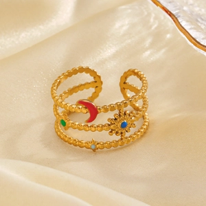 Three-layer gold stainless steel open ring with colorful celestial enamel sun moon and stars
