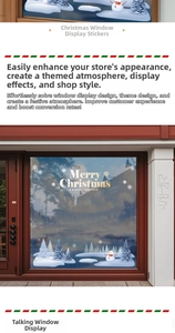 Macro detail of Christmas window stickers featuring blue cedar forest and snowmen