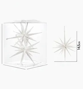 Detail of glittery white star Christmas tree ornaments with size measurements
