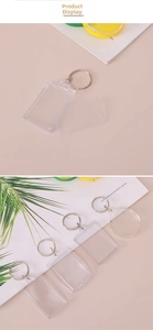 Detailed view of various clear acrylic blank photo frame keychains with metal rings