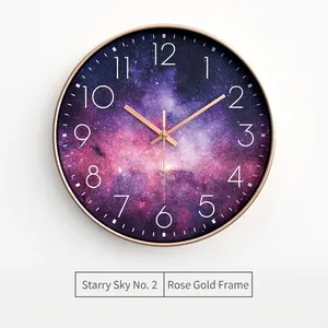 Creative 20cm silent wall clock featuring a starry nebula dial and rose gold metal frame