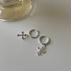 Minimalist S925 sterling silver hoop earrings with gothic cross pendants and star accents