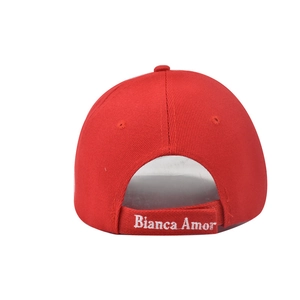 Red cotton baseball cap with adjustable strap and Bianca Amor embroidery on white background