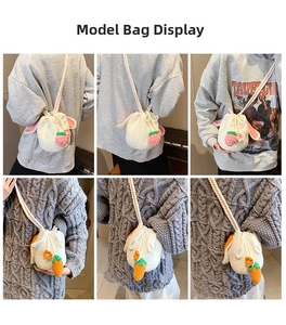 Detailed views of handmade crochet bucket bags with strawberry and carrot designs